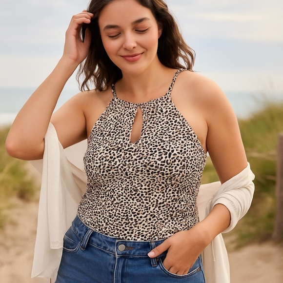 NWT Ellen Tracy Wheat Dot Print Ruched Tankini Top 8 - Picture 2 of 14